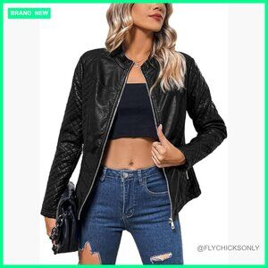 Faux Leather Motorcycle Jacket with Zipper and Pockets